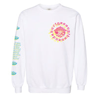 Front view of a white crewneck with a pink and yellow mandala on the chest, featuring the words "Kuriya Sanga."