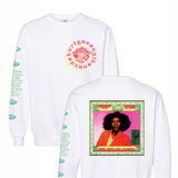 White sweatshirt with vibrant album print on the back, and sacred symbols on the front. By Essential Screen Printing.