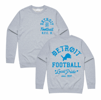 Gray sweatshirt with blue print on front and  blue lion on the back. Custom printed in Detroit.