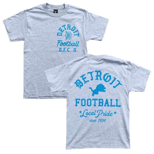 Heather gray tee with blue football-inspired front and back graphics. Printed in Detroit.