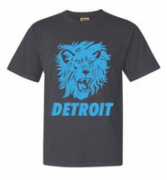 Charcoal Gray Detroit tee with large blue lion face. Custom design by Essential Screen Printing.