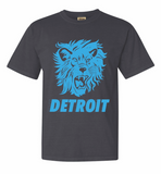 Charcoal Gray Detroit tee with large blue lion face. Custom design by Essential Screen Printing.