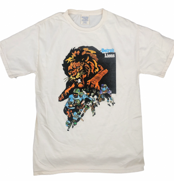 Cream t-shirt with a big colorful poster-style graphic, made by Essential Screen Printing.