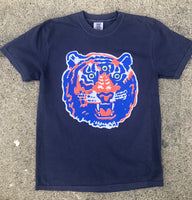 Navy T-shirt featuring a large third-eye tiger head design in blue, white, and orange. Made in Detroit.