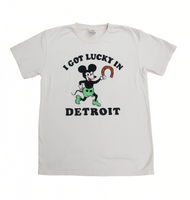 graphic tee with 5-color print on cream cotton by Essential Screen Printing
