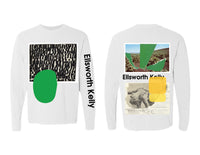 Unisex long sleeve t-shirt with collage print on white cotton, printed by Essential Screen Printing.