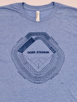 Close-up of light blue heather t-shirt with navy graphic.