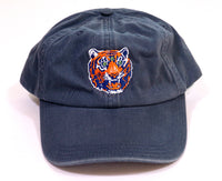 Washed Navy chino dad cap baseball hat with custom-embroidered orange blue and white third eye tiger.