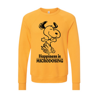 Golden yellow sweatshirt with a hand-drawn graphic in black ink. Custom Print by Essential Screen Printing.