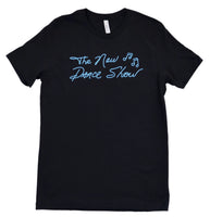 Black T-shirt with light blue text and musical notes, custom printed by Essential Screen Printing.