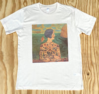 Ivory-colored t-shirt with a vintage-style artwork of a woman with tattoos. Custom made by Essential Screen Printing.