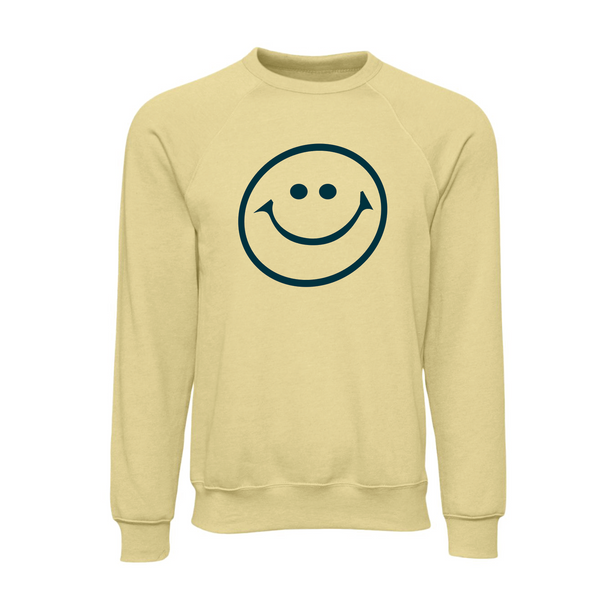 Pale yellow sweatshirt featuring a simple, bold retro smiley face graphic in black ink on the front. 